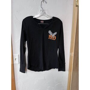 Harley Davidson Womens Long Sleeve V Neck Black Eagle Graphic T Shirt Size M